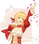  1girl ahoge blonde_hair blurry breasts cleavage corset fate/extra fate/grand_order fate_(series) flower green_eyes hair_flower hair_ornament highres liangsos looking_at_viewer nero_claudius_(fate)_(all) ocean petals saber_extra short_hair smile solo 