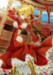  1girl 9_leidami ahoge blonde_hair blurry breasts cleavage corset fate/extra fate/grand_order fate_(series) flower green_eyes hair_flower hair_ornament highres holding holding_sword holding_weapon looking_at_viewer nero_claudius_(fate)_(all) ocean petals saber_extra short_hair smile solo sword weapon 