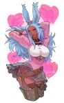  1girl absurdres animal_ears arms_behind_head arms_up artist_name avatar_(ff14) belt blue_hair breasts brown_legwear cascanor_(artist) collar dark-skinned_female dark_skin english_commentary final_fantasy final_fantasy_xiv freckles garter_straps hat heart highres large_breasts long_hair long_sleeves metal_collar military_hat one_eye_closed pink_shirt rabbit_ears rabbit_girl red_eyes shirt skirt smile solo sparkle thigh-highs viera 