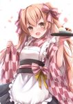  1girl absurdres alternate_costume anmitsu_(dessert) apron artist_name black_hakama blush brown_eyes dated enmaided eyebrows_visible_through_hair hair_between_eyes hakama highres holding holding_tray japanese_clothes johnston_(kancolle) kantai_collection kimono light_brown_hair long_hair long_sleeves maid mashiro_yukiya obi open_mouth pink_kimono sash signature simple_background smile solo tray two_side_up wa_maid white_apron white_background wide_sleeves 