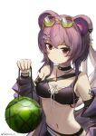  1girl animal_ears arknights arm_strap artist_name bangs bare_shoulders bikini black_bikini blush breasts brown_eyes closed_mouth collarbone ear_piercing eyebrows_visible_through_hair eyewear_on_head food fruit green-tinted_eyewear hair_ornament hairclip hexagonal_eyewear highres holding jacket jewelry lin_yuhsia_(arknights) long_hair long_sleeves looking_at_viewer medium_breasts mouse_ears navel necklace off_shoulder open_clothes open_jacket piercing purple_hair purple_jacket ribbon solo stomach sunglasses swimsuit tinted_eyewear under_boob upper_body watermelon white_ribbon yellow-framed_eyewear yukikochenk 