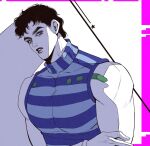  1boy bare_shoulders black_hair black_lips blue_eyes jojo_no_kimyou_na_bouken jonathan_joestar lipstick makeup male_focus muscular muscular_male shirt solo spadelake striped striped_shirt violet_eyes 