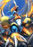  blue_sky breathing_fire claws commentary_request crack dated digimon digimon_(creature) fangs fire fladramon flame_print hawe_king helmet highres horns looking_up no_humans open_mouth red_eyes signature single_horn sky smoke solo standing tail veins 