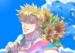  1boy battle_tendency blonde_hair caesar_anthonio_zeppeli character_name collar colored_eyelashes dated facial_mark flower green_eyes hair_ornament hairclip happy_birthday headband highres jojo_no_kimyou_na_bouken male_focus sky solo sunflower xing_xiao 