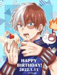  1boy alternate_form bangs blue_eyes boku_no_hero_academia burn_scar cake cake_decoration character_name costume dated dual_persona english_text eyebrows_visible_through_hair food food_on_face fruit gauntlets hair_between_eyes happy_birthday heterochromia highres holding holding_food licking licking_finger long_bangs looking_at_viewer male_focus multicolored_hair open_mouth ottotdbk patterned_background redhead scar scar_on_face short_hair smile solo split-color_hair strawberry text_focus todoroki_shouto tongue tongue_out twitter_username two-tone_hair white_hair 