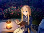  1girl alice_zuberg bangs blonde_hair blue_eyes blue_jacket closed_mouth game_cg hair_intakes hairband holding jacket lantern long_hair long_sleeves night outdoors sidelocks sitting skirt smile solo sword_art_online sword_art_online:_alicization_rising_steel very_long_hair white_hairband white_skirt 