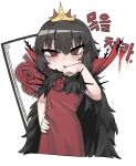  1girl bangs black_cape black_hair black_souls cape chibi crown d: dress eyebrows_visible_through_hair flower fur_cape hair_between_eyes hand_on_hip hand_up heart korean_text looking_at_viewer lorina_(black_souls) mini_crown nyong_nyong open_mouth red_dress red_eyes red_flower red_rose ringed_eyes rose short_hair simple_background solo translation_request white_background 