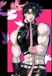  1boy abs absurdres amputee bare_shoulders battle_tendency bird blue_eyes grimace highres jojo_no_kimyou_na_bouken joseph_joestar joseph_joestar_(young) male_focus messy_hair midriff missing_limb mouth_hold muscular muscular_male red_eyes ribbon silhouette sleeveless sleeveless_turtleneck solo spiky_hair triangle_print turtleneck xing_xiao 