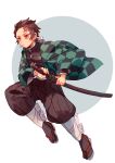  1boy absurdres brown_hair brown_legwear brown_pants checkered_haori circle closed_mouth commentary_request earrings full_body gakuran green_jacket grey_background haori highres jacket japanese_clothes jewelry kamado_tanjirou katana kimetsu_no_yaiba long_sleeves male_focus mogutofuoes pants red_eyes sandals scar scar_on_face scar_on_forehead school_uniform short_hair solo sword tabi weapon white_background 