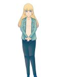  1girl absurdres benjis_cursed_universe black_pants blonde_hair blue_eyes blue_jacket colored_skin colorized full_body highres innocent_girl jacket long_hair original pants portrait sarah_(benjis_cursed_universe) shirt shoes simple_background smile standing white_background white_shirt white_skin 