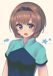  1girl :o black_headband blue_shirt blush breasts brown_hair fish headband looking_at_viewer maeda_akari minakami_mimimi shiroi_suna_no_aquatope shirt short_hair short_sleeves simple_background small_breasts solo star_(symbol) upper_body 