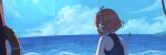  1girl ahoge bare_shoulders bird clouds cloudy_sky cowlick glasses green_eyes headband highres horizon lifebuoy looking_back ocean original redhead rope rou_(rou22) ruins seagull short_hair sky tower 