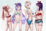  4girls a-soul absurdres ass ava_(a-soul) back bangs bare_arms bare_shoulders bella_(a-soul) belt bikini bikini_under_clothes blue_bikini blue_eyes bow_hairband breasts brown_belt cowboy_shot diana_(a-soul) eileen_(a-soul) eyewear_on_head flower hair_between_eyes hair_flower hair_ornament hair_ribbon hairband halter_top halterneck hand_on_own_chest highres large_breasts long_hair looking_at_viewer looking_back medium_breasts multiple_girls nail_polish navel ponytail purple_hair red_bikini red_eyes redhead ribbon sarong short_shorts shorts sideways_glance silver_hair small_breasts standing star_(symbol) star_hair_ornament string_bikini sunglasses swimsuit tearing_up thigh_strap touhoureporter twintails very_long_hair white_hair 