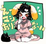  1girl animal_ears black_hair bracelet carrot_necklace dress eyeshadow floppy_ears inaba_tewi jewelry makeup nail_polish open_mouth pink_dress rabbit rabbit_ears rabbit_girl rabbit_tail red_eyes short_hair sitting solo tail touhou translated wariza yt_(wai-tei) 