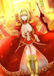  1girl ahoge akiya_(jack891221) blonde_hair blurry breasts cleavage corset fate/extra fate/grand_order fate_(series) flower green_eyes hair_flower hair_ornament highres holding holding_sword holding_weapon looking_at_viewer nero_claudius_(fate)_(all) ocean petals saber_extra short_hair smile solo sword weapon 