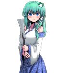  1girl blue_eyes blush breasts closed_mouth collarbone detached_sleeves eyebrows_visible_through_hair formicid green_hair highres kochiya_sanae large_breasts long_hair long_sleeves looking_at_viewer solo touhou 