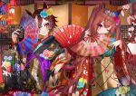  2girls absurdres animal_ears bangs black_kimono branch brown_eyes brown_hair closed_mouth daiwa_scarlet_(umamusume) flower folding_fan folding_screen hand_fan hands_up highres holding holding_fan horse_ears japanese_clothes kimono lantern leaf lips long_hair long_sleeves looking_at_another looking_at_viewer maple_leaf multicolored_clothes multicolored_kimono multiple_girls oil-paper_umbrella one_eye_closed piyokuma red_nails short_hair sitting smile tiara twintails umamusume umbrella violet_eyes vodka_(umamusume) wide_sleeves 