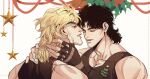  2boys bare_shoulders black_hair blonde_hair christmas christmas_tree closed_eyes dio_brando eyelashes fingerless_gloves gloves hands_in_hair jojo_no_kimyou_na_bouken jonathan_joestar long_hair male_focus mullet multiple_boys phantom_blood red_eyes spadelake 