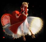  1girl ahoge blonde_hair blurry breasts cleavage corset fate/extra fate/grand_order fate_(series) flower green_eyes hair_flower hair_ornament hakusai_hiro highres looking_at_viewer nero_claudius_(fate)_(all) ocean petals saber_extra short_hair smile solo 