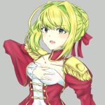  1girl ahoge blonde_hair blurry breasts cleavage corset fate/extra fate/grand_order fate_(series) flower green_eyes hair_flower hair_ornament highres looking_at_viewer nero_claudius_(fate)_(all) ocean petals saber_extra short_hair smile solo takayama_(pixiv34159091) 