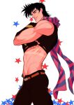  1boy abs bare_shoulders battle_tendency black_hair blue_scarf clothes_lift crop_top fingerless_gloves gloves green_eyes grin jojo_no_kimyou_na_bouken joseph_joestar joseph_joestar_(young) male_focus midriff multicolored_clothes multicolored_scarf pink_scarf scarf shirt_lift smile solo spadelake tan tanlines 