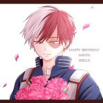  1boy bangs bloom blue_eyes blurry blurry_foreground boku_no_hero_academia bouquet burn_scar character_name costume dated english_text falling_petals happy_birthday heterochromia high_collar highres long_bangs looking_down male_focus multicolored_hair petals portrait redhead rgsmjwmhphq1mkn scar scar_on_face short_hair smile solo split-color_hair todoroki_shouto two-tone_hair white_background white_hair 