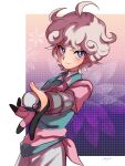  1boy absurdres ahoge amayu_(amaamailust) bangs bede_(pokemon) closed_mouth collared_shirt commentary_request curly_hair dynamax_band gloves great_ball grey_hair highres holding holding_poke_ball looking_at_viewer male_focus partially_fingerless_gloves pink_shirt poke_ball pokemon pokemon_(game) pokemon_swsh shirt short_hair short_sleeves shorts signature solo tied_shirt undershirt violet_eyes 