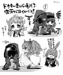  &gt;_&lt; 1other 4girls amiya_(arknights) anger_vein animal_ear_fluff animal_ears arknights boots closed_eyes doctor_(arknights) eyjafjalla_(arknights) flat_cap flying_sweatdrops greyscale hat hood hood_up hooded_jacket horns jacket jessica_(arknights) kyouna long_hair long_sleeves low_ponytail monochrome multiple_girls necktie open_clothes open_jacket open_mouth parted_lips ponytail rabbit_ears running shirt simple_background skirt sleeping spoken_zzz thigh-highs thighhighs_under_boots translation_request trembling twitter_username very_long_hair vigna_(arknights) wavy_mouth white_background zzz 