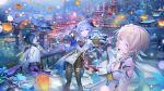  1boy 2girls back city flower ganyu_(genshin_impact) genshin_impact goat_horns lantern lumine_(genshin_impact) scenery smile snowball xiao_(genshin_impact) 