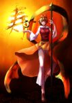  1girl abstract_background absurdres aisis eyebrows_visible_through_hair highres lips long_sleeves multicolored_hair pagoda pants patterned_background polearm shawl short_hair skirt solo spear sunlight toramaru_shou touhou weapon wind wind_lift yellow_eyes 