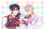  2boys battle_tendency blonde_hair blue_eyes brown_hair caesar_anthonio_zeppeli facial_mark feather_hair_ornament feathers fingerless_gloves gloves green_eyes hair_ornament heart heart_hands heart_hands_duo highres jacket jojo_no_kimyou_na_bouken joseph_joestar joseph_joestar_(young) male_focus manly multiple_boys scarf suspenders sweater_vest white_jacket xing_xiao 