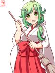  1girl alternate_costume antenna_hair artist_logo broom commentary_request dated eyebrows_visible_through_hair green_eyes green_hair hair_over_shoulder hakama hakama_skirt holding holding_broom japanese_clothes kanon_(kurogane_knights) kantai_collection long_hair long_sleeves looking_at_viewer matsu_(kancolle) miko one-hour_drawing_challenge open_mouth red_hakama simple_background skirt smile solo white_background wide_sleeves 