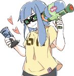  1girl akr_tmr bike_shorts black-framed_eyewear black_shorts blue_hair closed_mouth glasses green_eyes heart inkling long_hair looking_at_viewer rectangular_eyewear shirt short_sleeves shorts sketch smile solo splatoon_(series) tentacle_hair yellow_shirt 