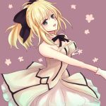  1girl artoria_pendragon_(all) black_bow blonde_hair bow breastplate dress eyebrows_visible_through_hair fate/grand_order fate/unlimited_codes fate_(series) faulds floating_hair gauntlets green_eyes hair_between_eyes hair_bow hands_on_hilt highres long_hair looking_at_viewer mhmhtnm outdoors petals ponytail saber_lily signature sleeveless sleeveless_dress solo standing white_dress 