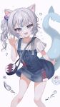  1girl :d absurdres animal_ears arm_behind_back bangs collarbone commentary_request eyebrows_visible_through_hair fangs feet_out_of_frame fish_tail foreshortening gawr_gura grey_background grey_eyes grey_hair grey_nails highres hololive hololive_english kimu_(yyhhoo23232) legs_apart looking_at_viewer one_side_up open_mouth paw_pose shark_tail shirt short_hair simple_background smile solo standing tail tied_hair virtual_youtuber water_drop white_shirt 