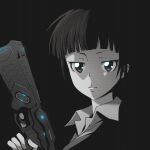  1girl bangs black_background blunt_bangs closed_mouth commentary dominator_(gun) english_commentary glowing glowing_weapon greyscale gun handgun highres holding holding_gun holding_weapon jitome kukie-nyan looking_at_viewer monochrome nose_shade pistol psycho-pass serious shirt short_hair simple_background solo spot_color trigger_discipline tsunemori_akane tsurime upper_body weapon wing_collar 
