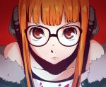  1girl :3 bangs behind-the-head_headphones black_camisole blunt_bangs camisole close-up closed_mouth collarbone commentary english_commentary fur-trimmed_jacket fur_trim glasses green_jacket headphones highres jacket kukie-nyan looking_at_viewer orange_hair persona persona_5 red_eyes sakura_futaba solo straight_hair 