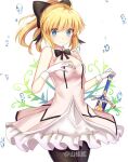  1girl artoria_pendragon_(all) black_bow blonde_hair bow breastplate caliburn dress eyebrows_visible_through_hair fate/grand_order fate/unlimited_codes fate_(series) faulds floating_hair gauntlets green_eyes hair_between_eyes hair_bow hands_on_hilt highres long_hair looking_at_viewer outdoors petals ponytail saber_lily shanguier signature sleeveless sleeveless_dress solo standing sword weapon white_dress 