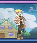  1boy adapted_costume bag bangs barry_(pokemon) bidoof blonde_hair brown_bag brown_footwear brown_pants buttons character_print clouds commentary day dreambig drifloon fur-trimmed_jacket fur_trim green_scarf grin hand_in_pocket highres holding_strap jacket male_focus messenger_bag open_clothes open_jacket orange_eyes outdoors pants pokemon pokemon_(creature) pokemon_(game) pokemon_bdsp scarf shirt shoes short_hair shoulder_bag sky smile standing teeth 