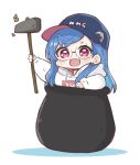  1girl :d bad_id bad_twitter_id baseball_cap blue_hair blue_headwear blue_nails blush cauldron chibi colored_shadow commentary_request drawstring earrings fang getting_over_it glasses hammer hat highres hitomiz holding hood hood_down hoodie in_cauldron in_pot jewelry long_hair long_sleeves looking_at_viewer multicolored_hair nail_polish nijisanji nishizono_chigusa notice_lines puffy_long_sleeves puffy_sleeves red_eyes round_eyewear shadow sledgehammer sleeves_past_wrists smile solo two-tone_hair virtual_youtuber white_background white_hoodie 