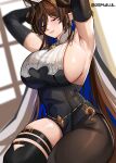  1girl absurdres animal_ears armpits arms_behind_head arms_up bangs bare_shoulders black_dress black_legwear blush breasts brown_hair closed_eyes cromwellb detached_sleeves dress extra_ears galleon_(granblue_fantasy) granblue_fantasy highres horns large_breasts long_hair long_sleeves pantyhose pointy_ears sideboob smile solo thigh-highs very_long_hair 