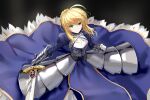  1girl ahoge artoria_pendragon_(all) blonde_hair blue_ribbon breasts cleavage_cutout clothing_cutout excalibur_(fate/stay_night) fate/grand_order fate/stay_night fate_(series) green_eyes hair_bun hair_ribbon holding holding_weapon huijin_zhi_ling juliet_sleeves long_sleeves medium_breasts puffy_sleeves ribbon saber solo sword weapon 