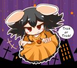  +++ 1girl alternate_color animal_ears bangs black_hair blush building commentary_request cross dress eyebrows_visible_through_hair floppy_ears frilled_dress frilled_sleeves frills full_body grin halloween inaba_tewi jack-o&#039;-lantern jewelry kajiya_no_masa looking_at_viewer medium_hair one-hour_drawing_challenge orange_dress pendant purple_background rabbit_ears red_eyes smile solo star_(symbol) touhou trick_or_treat 