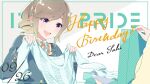  1girl :d birthday blonde_hair brown_hair drill_hair eyebrows_visible_through_hair happy_birthday highres idoly_pride looking_at_viewer mole mole_under_eye official_art open_mouth ponytail qp:flapper shiraishi_saki short_hair smile sweater violet_eyes 