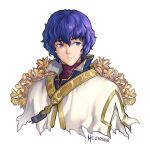  1boy artist_name bangs blue_eyes blue_hair cape fire_emblem fire_emblem:_radiant_dawn hair_between_eyes high_collar looking_to_the_side male_focus meziosaur parted_lips pelleas_(fire_emblem) short_hair signature simple_background solo upper_body white_background white_cape 