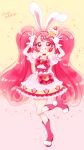  1girl :q animal_ears bow brooch cake_hair_ornament character_name choker cure_whip dress food-themed_brooch food-themed_hair_ornament food-themed_ornament full_body gloves gradient gradient_background hair_ornament hairband highres jewelry kirakira_precure_a_la_mode kuzumochi long_hair magical_girl pink_background pink_bow pink_choker pink_eyes pink_footwear pink_hair pouch precure puffy_sleeves rabbit_ears red_hairband shoes short_dress solo standing standing_on_one_leg star_(symbol) star_in_eye symbol_in_eye tongue tongue_out twintails usami_ichika waist_bow white_dress white_gloves yellow_background 