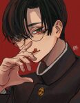  1boy :q bangs black_hair black_jacket buttons commentary forked_tongue gakuran glasses green_eyes hair_over_one_eye hand_to_own_mouth hand_up jacket kagoya1219 licking_lips long_sleeves looking_at_viewer male_focus original red_background round_eyewear school_uniform short_hair signature simple_background solo tongue tongue_out upper_body 
