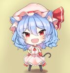  1girl :d absurdres animal_ear_fluff blue_hair brooch chibi dress ei_tantan fang full_body hat highres jewelry kemonomimi_mode long_hair looking_at_viewer mob_cap pink_dress red_eyes remilia_scarlet simple_background skin_fang slit_pupils smile solo thigh-highs touhou 