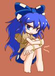  1girl bangle bangs barefoot blue_eyes blue_hair blue_skirt blush bow bracelet brown_background brown_hoodie commentary_request debt eyebrows_visible_through_hair full_body hair_bow highres hood hoodie hugging_own_legs jewelry kajiya_no_masa long_hair looking_at_viewer one-hour_drawing_challenge open_mouth simple_background skirt solo touhou very_long_hair yorigami_shion 