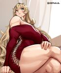  1girl blonde_hair breasts cromwellb cross-laced_clothes crossed_legs fairy_knight_gawain_(fate) fate/grand_order fate_(series) from_below heterochromia highres horns jewelry large_breasts like_a_lady looking_at_viewer looking_down muscular muscular_female off-shoulder_sweater off_shoulder red_sweater solo sweater thighs 
